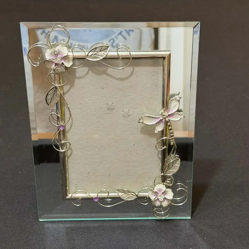 Vintage Style Mirrored Photo Frame with Enamel Dragonfly and Floral Accents